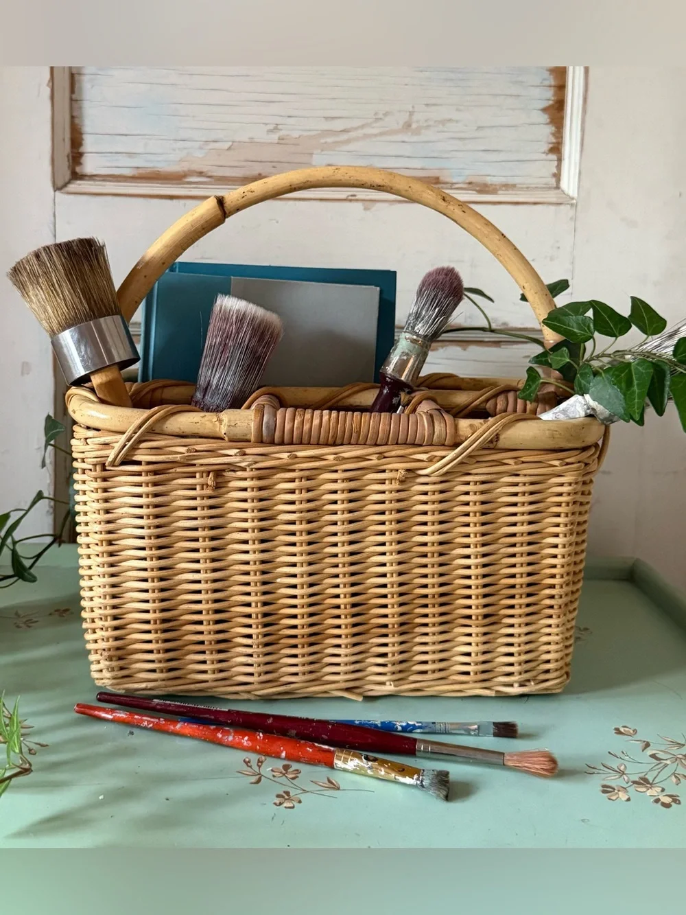 Vintage Wicker Cutlery Basket, Organizer, Rattan, Handmade